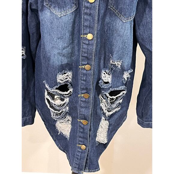 Oversized Distressed Denim Jacket Grunge Y2K Festival Longline Shacket XL - Picture 4 of 14